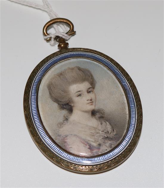 English School Miniature of a lady 1.75 x 1.5in., enamelled brass frame